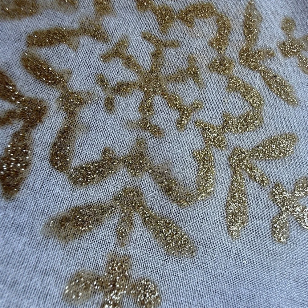 Vintage White Sheer Snowflake Scarf Gold Glitter Winter Holiday Oblong Wrap